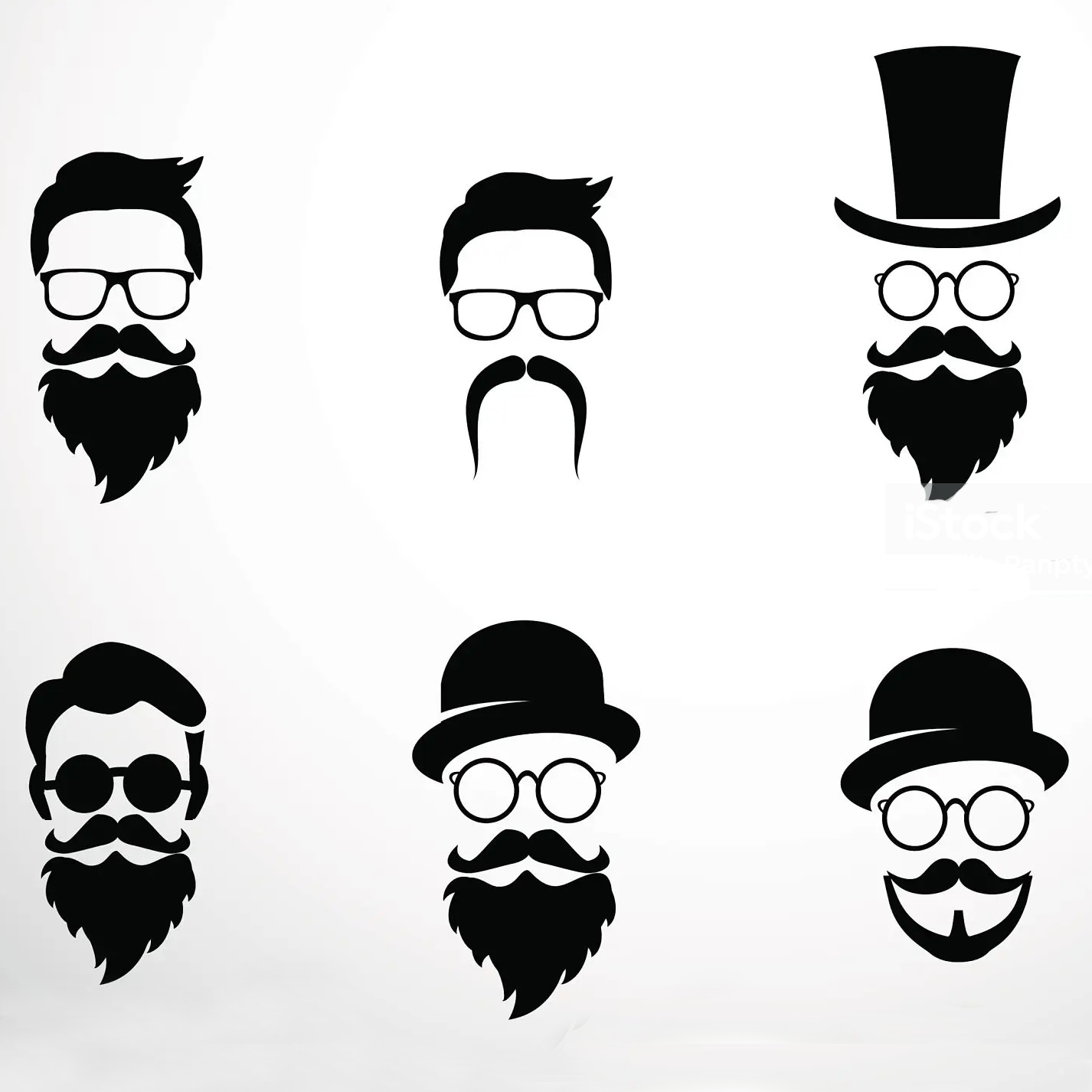 Six depictions of man with beard and/or mustache