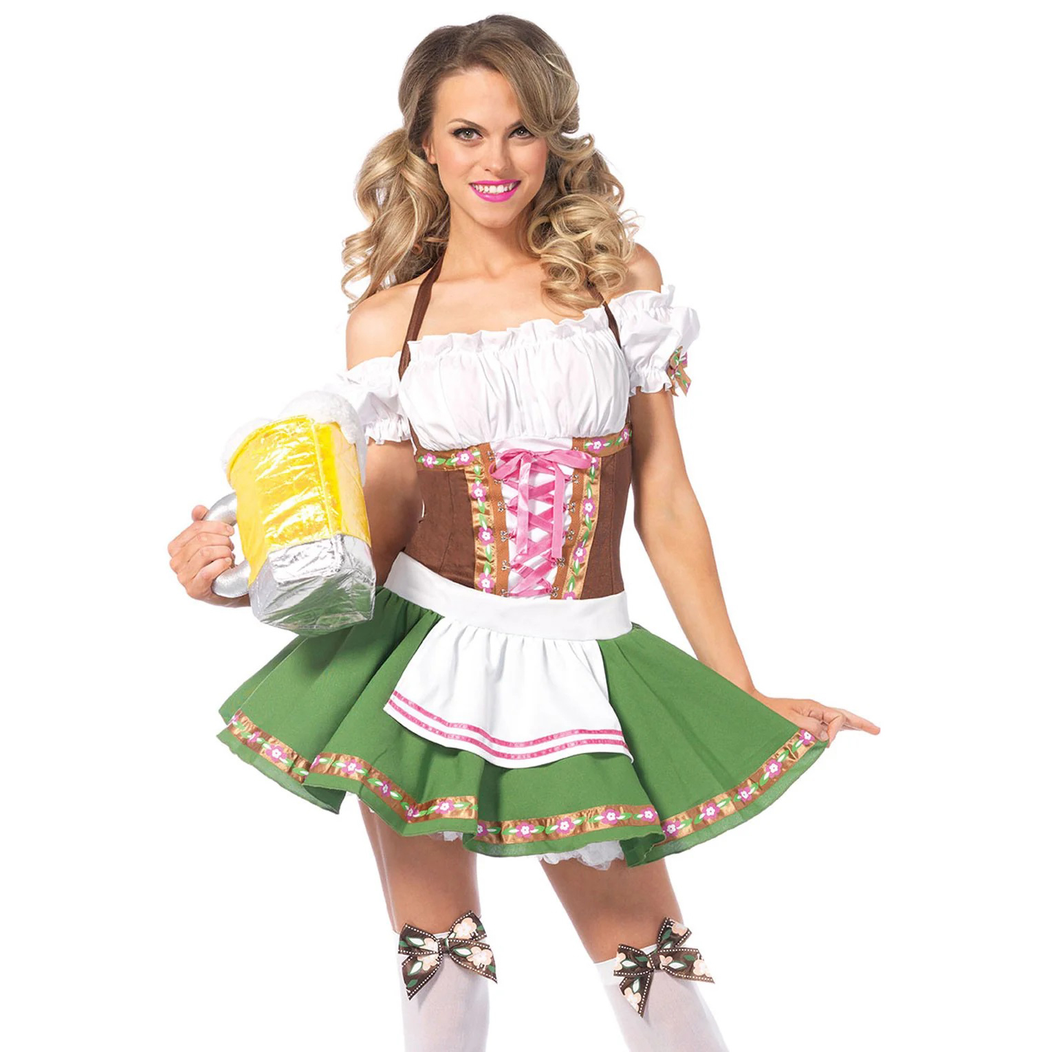 Woman wearing Bavarian server outfit holidng beer jug