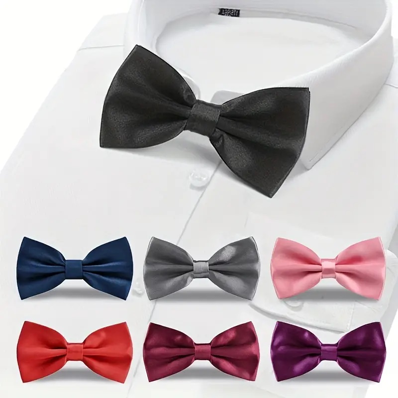 Six bow ties of different colors with one closeup