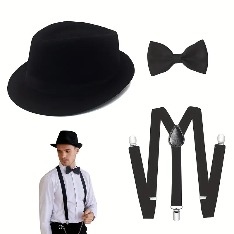 Hat, bowtie, and suspenders