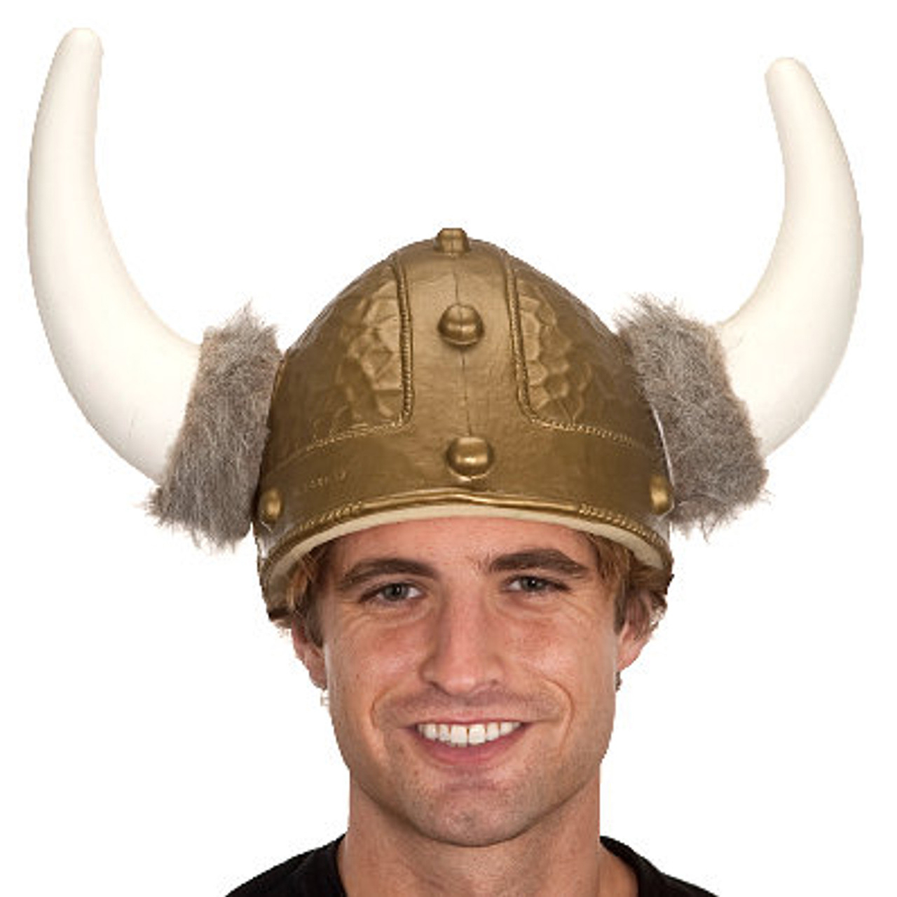 Closeup of man wearing Viking helmet